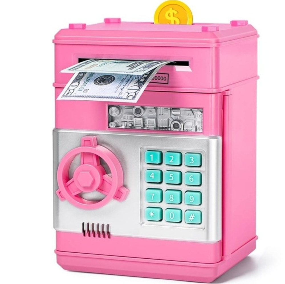 Kids Electronic Money Bank Safe‎ Pink ATM Piggy Bank Password Lock Toy